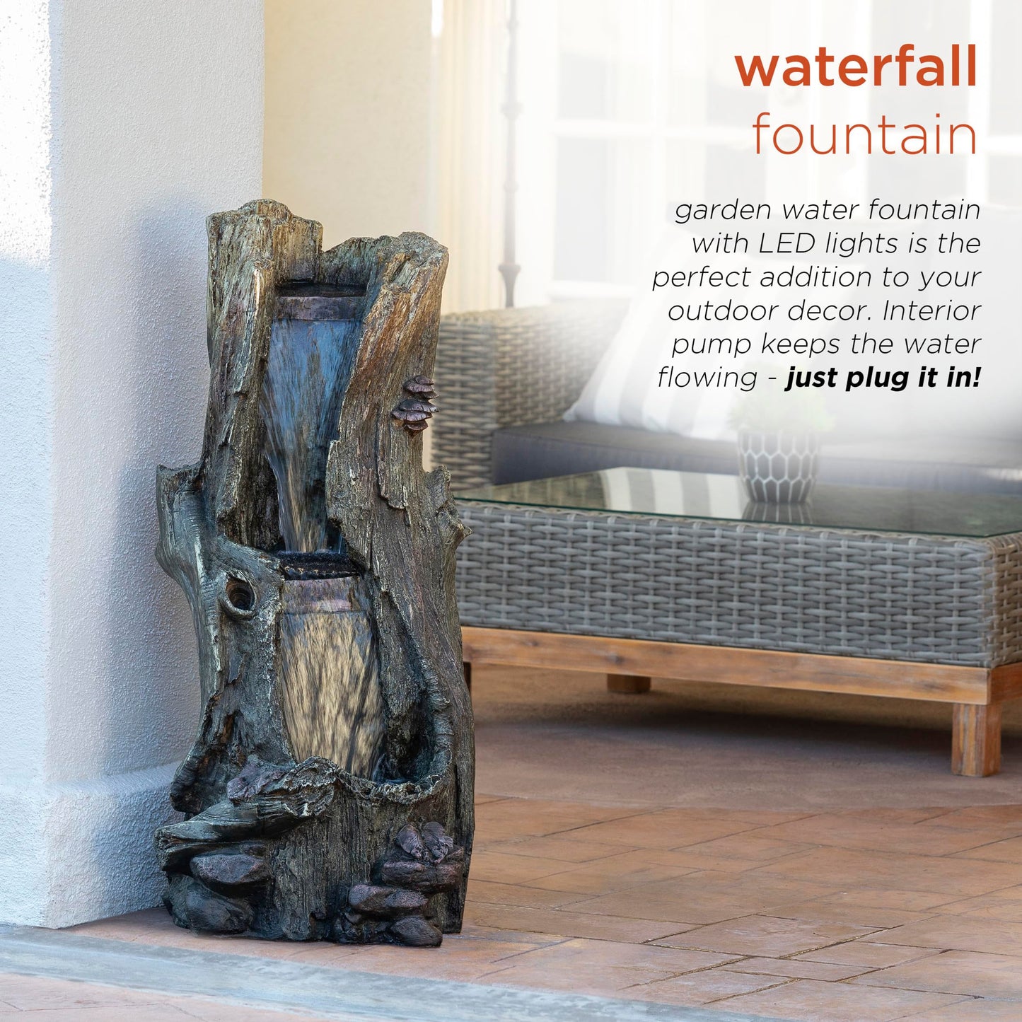 Alpine Corporation WIN258 Outdoor Rainforest Waterfall Tree Trunk Floor Fountain with LED Lights, Tiered Garden Decor, 41" H, Brown