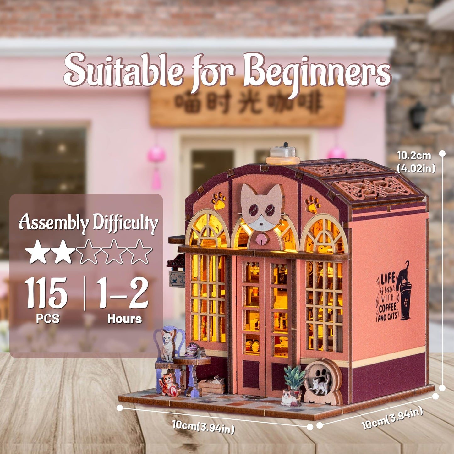 3D Book Nook DIY Kit with Batteries Light Cat Cafe Theme Wooden Building Toy House for LED Magic Book Nook Lover Bookend Bookshelf DIY Miniature Gift for Adults