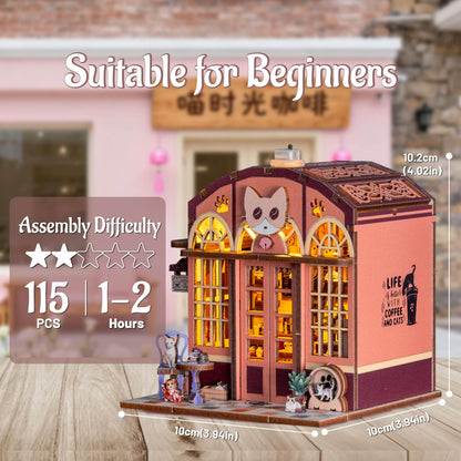 3D Book Nook DIY Kit with Batteries Light Cat Cafe Theme Wooden Building Toy House for LED Magic Book Nook Lover Bookend Bookshelf DIY Miniature Gift for Adults
