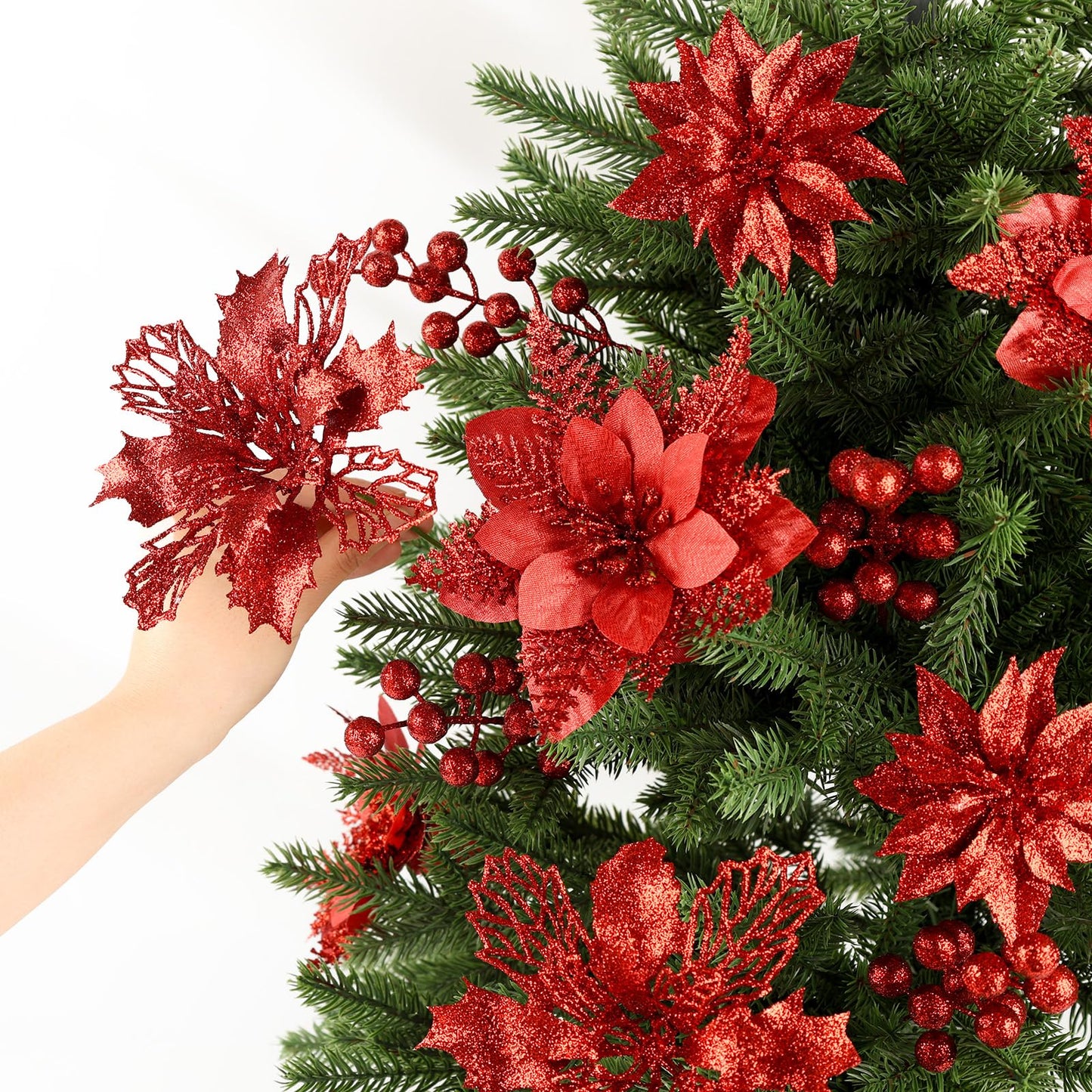 N&T NIETING 24 Pcs Christmas Poinsettia Artificial Flowers & Glitter Berries Stems Kit Christmas Floral Picks Christmas Tree Garland Wreath Filler Ornaments for Home Party Xmas Decor, Red