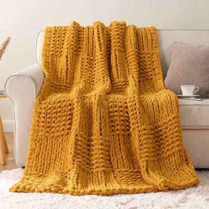 50"x60" Bunnikins & Clover Mustard Yellow Throw Blanket for Couch, Chunky Knit Gold Blanket Throw with Chenille Yarn
