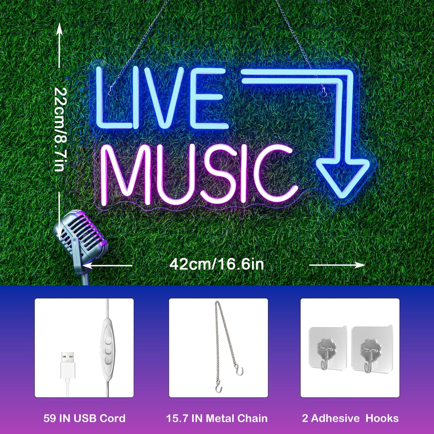 Live Music Neon Sign LED Neon Sign Large Blue and Pink Words for Music Studio USB Powered Switch for Wall Decor Beer,Bar,Bedroom,Party,Club