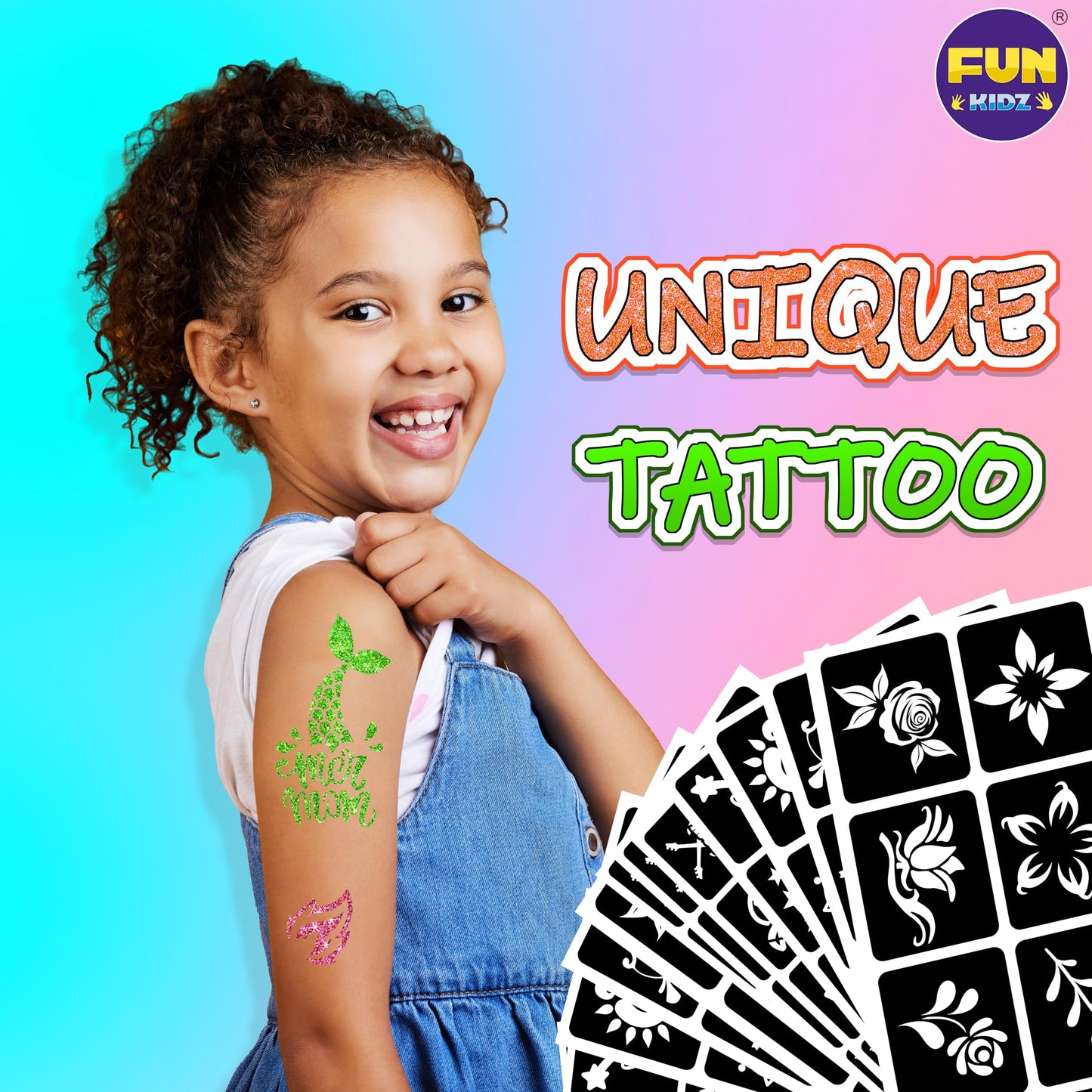Tattoo Kit for Kids Ages 8-12, FunKidz 6 Double Tips Sparkle Brush Body Art Markers for Skin Plus Temporary Glitter Tattoo Kits With 106 Cute Tattoo Stencils Tattoo Glues Cool Presents for Tween Girls