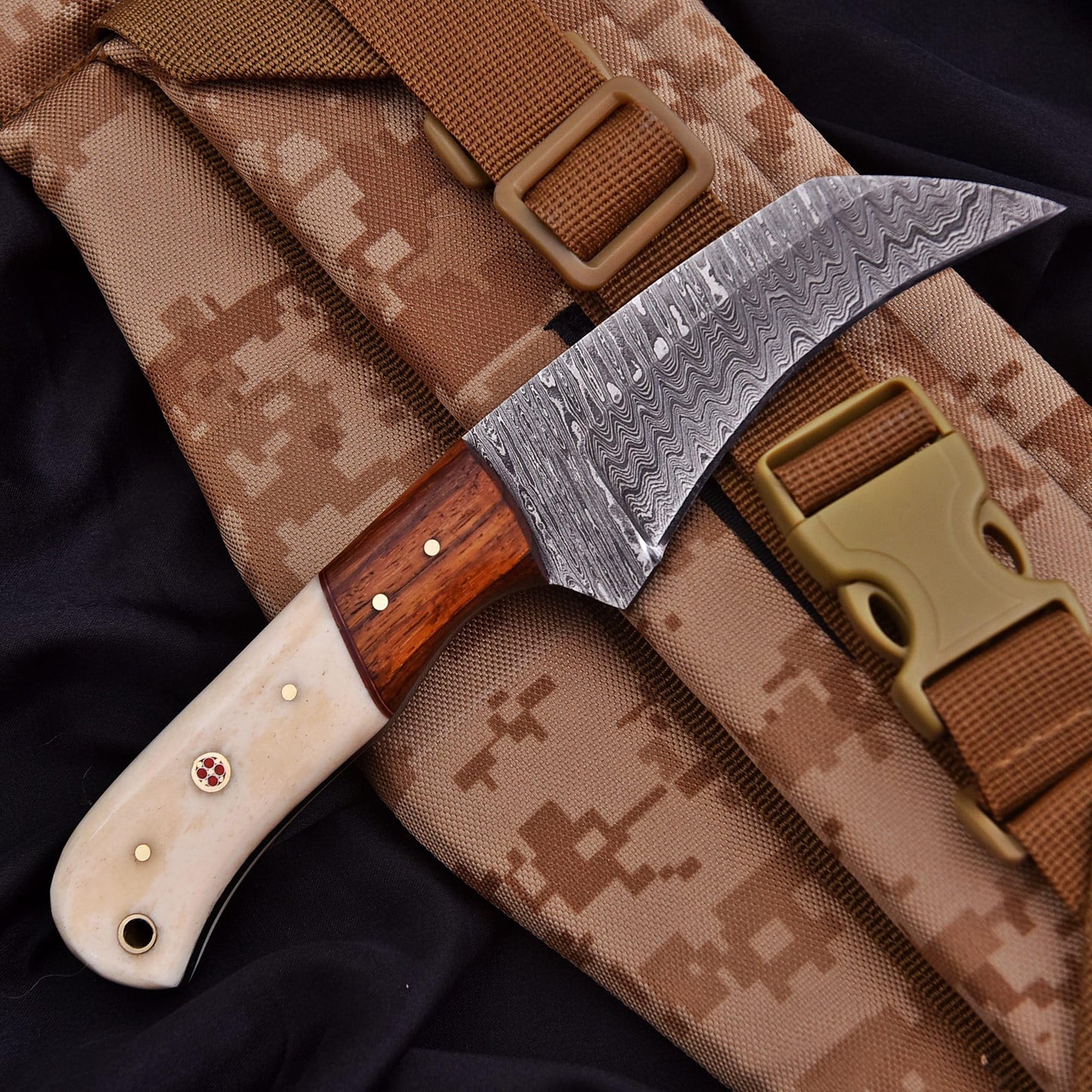 Trade Scorpio Handmade Damascus Lineman Hawkbill knife, Skinnning Knives, With Leather Sheath, Fixed Blade Knife, electrician knife with Bone Handle (Bone)