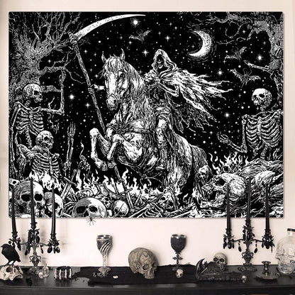 Lifeella Gothic Skeleton Tapestry, Horror Moon Skull Dark Death Grim Reaper Wall Art for Bedroom Grunge Room Decor, Black and White 44x60 inches