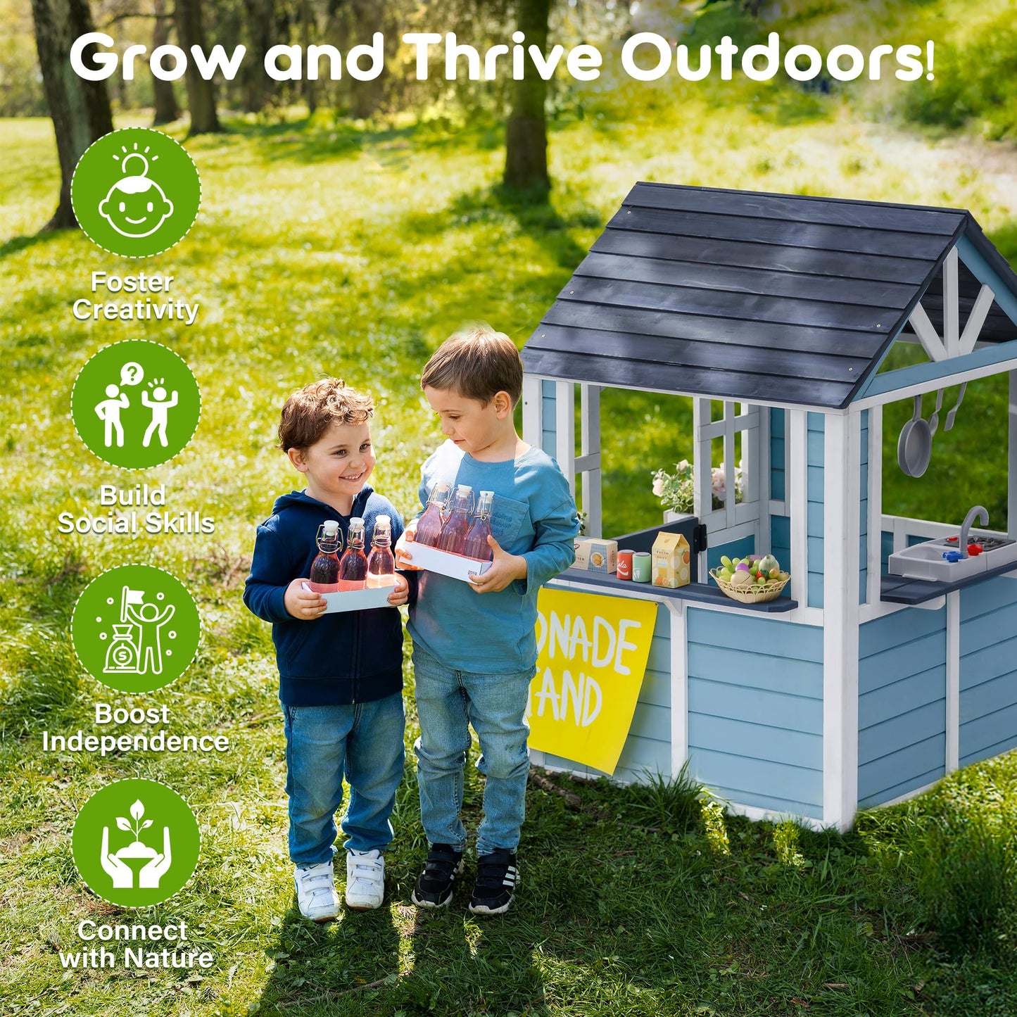 ROBUD Outdoor Playhouse, Wooden Play House for Kids Outdoor with Snack Bar, Flowerpot Holders, Sink, Stove, Cookware, Outdoor playset for Kids Ages 3+