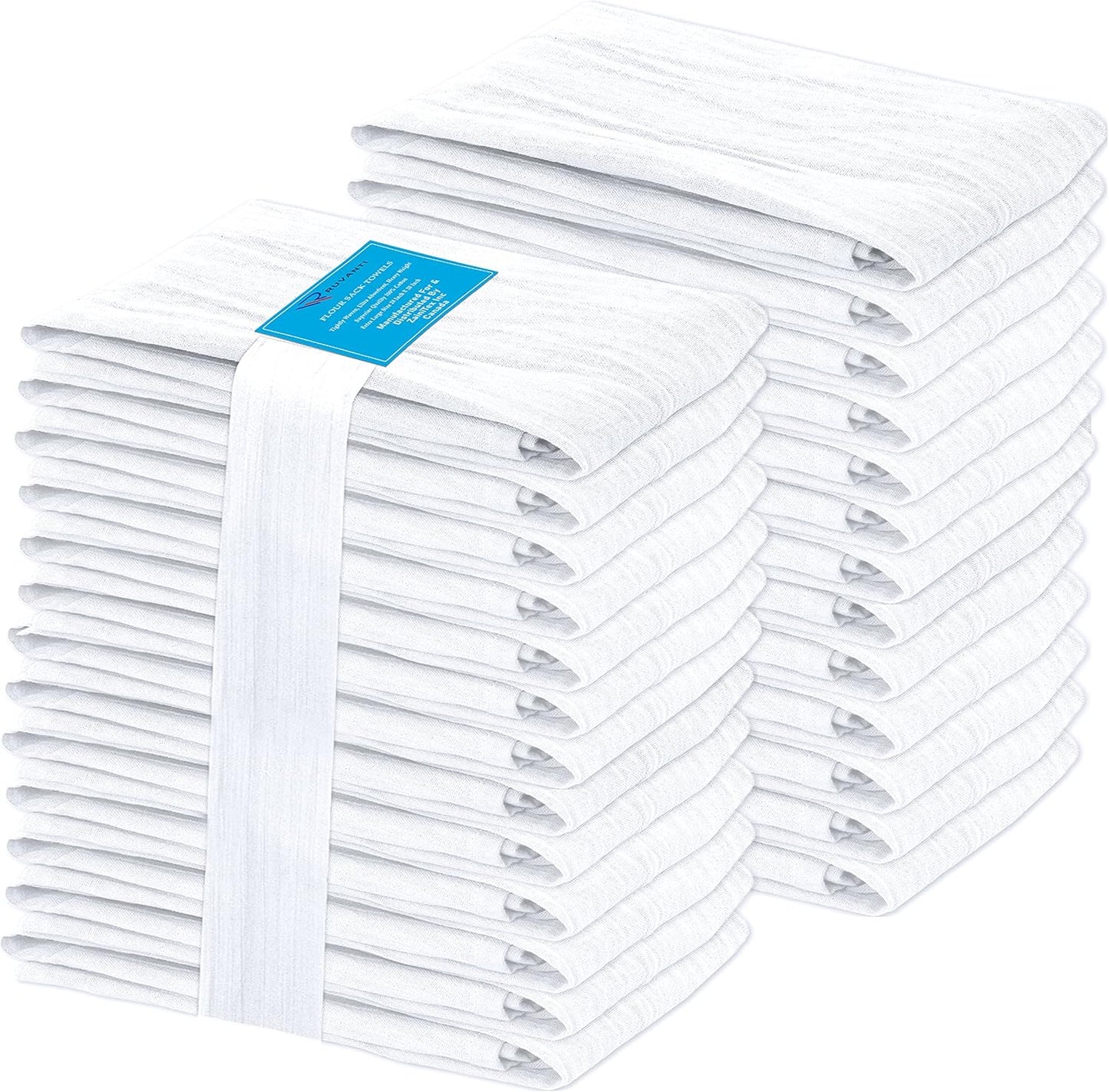 24 Pack 28x28 Inch, 100% RUVANTI Flour Sack Towels Cotton Tea Towel, Reusable, Machine Washable, Absorbent BarTowels