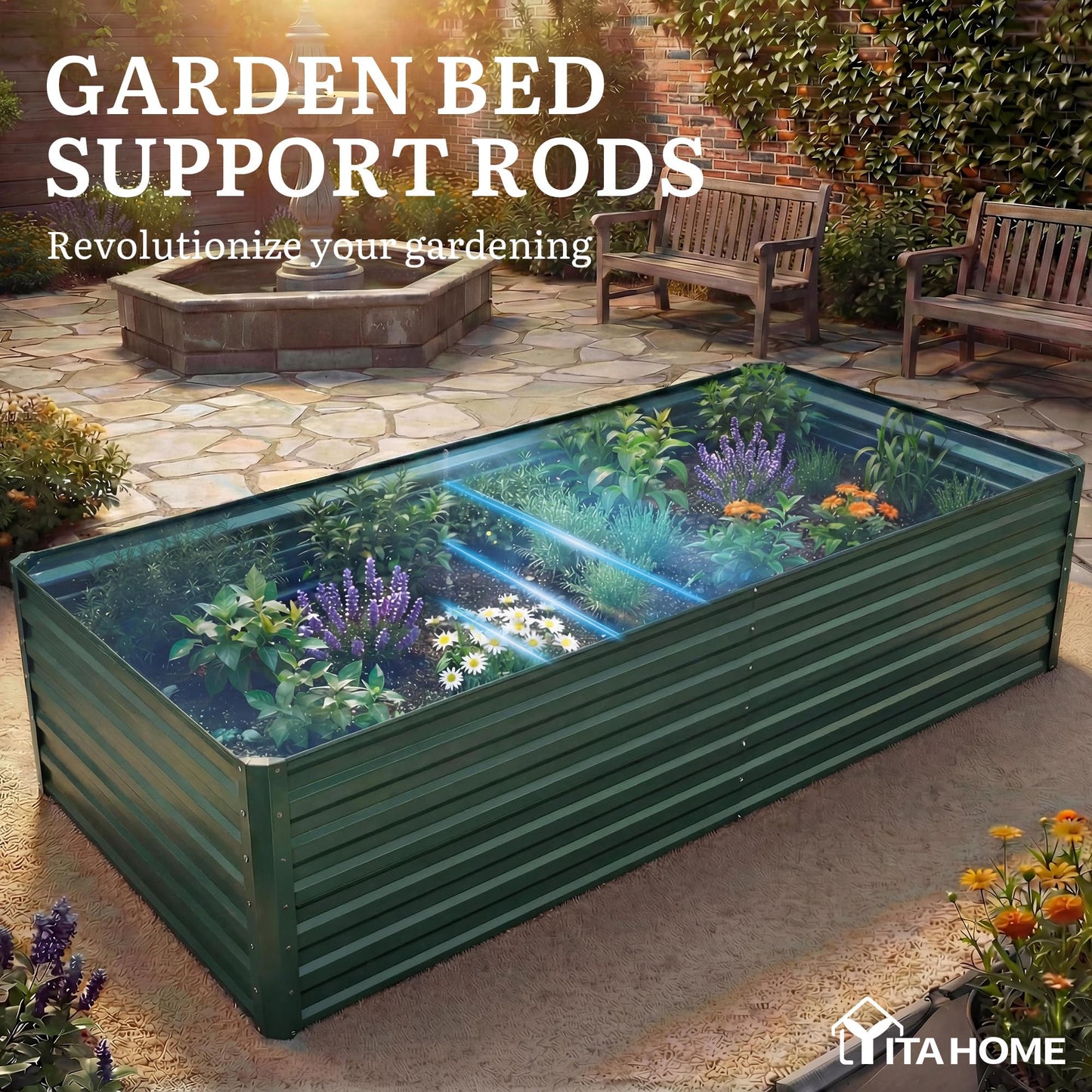 YITAHOME 6pcs 6x3x2 ft Galvanized Raised Garden Bed Kit, Large Metal Planter Box with Gloves & Support Rod, Outdoor Flower Bed for Plants Vegetables, Green