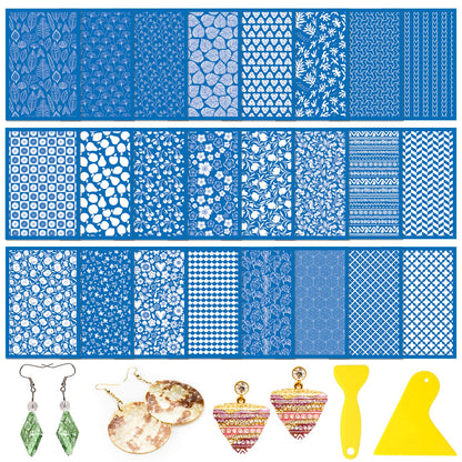 Jutom 24 Pieces Silk Screen Stencils for Polymer Clay Cutter Tools Reusable Silkscreen Print Kit DIY Craft Earring Jewelry Making Supplies Screen Stencils Reusable with 2 Squeegees, 3.9 x 6''
