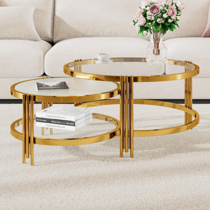 Merax 2-Piece Nesting Round Coffee Table Set, Gold Finish Metal Frame with Textured Tempered Glass Tops, Modern Stylish Accent & Side Table for Living Room, Bedroom, Apartment, Office, Transparent