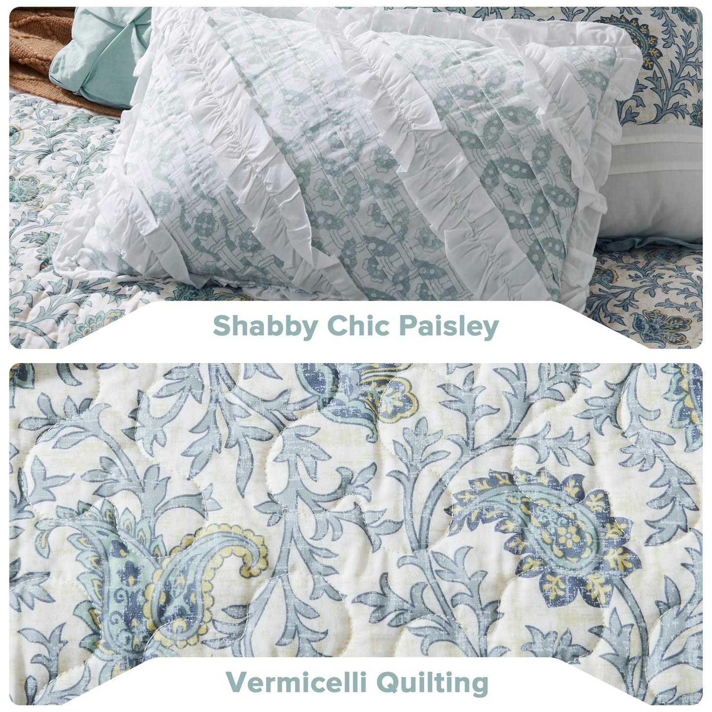 Madison Park Cotton Quilt Set Floral Print, Double Sided Stitching, All Season, Lightweight Coverlet Shabby Chic Bedding Layer, Matching Shams, King/Cal King, Aqua 6 Piece