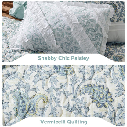 Madison Park Cotton Quilt Set Floral Print, Double Sided Stitching, All Season, Lightweight Coverlet Shabby Chic Bedding Layer, Matching Shams, King/Cal King, Aqua 6 Piece