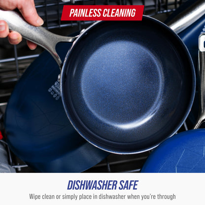 Blue Diamond 9.5” & 11" Nonstick Frying Pan Skillet Set, Diamond Infused PFAS & PTFE-Free Ceramic Pots & Pans, Dishwasher & Oven Safe, Stay Cool Handles, Durable Non Toxic Metal Utensil Safe, Blue