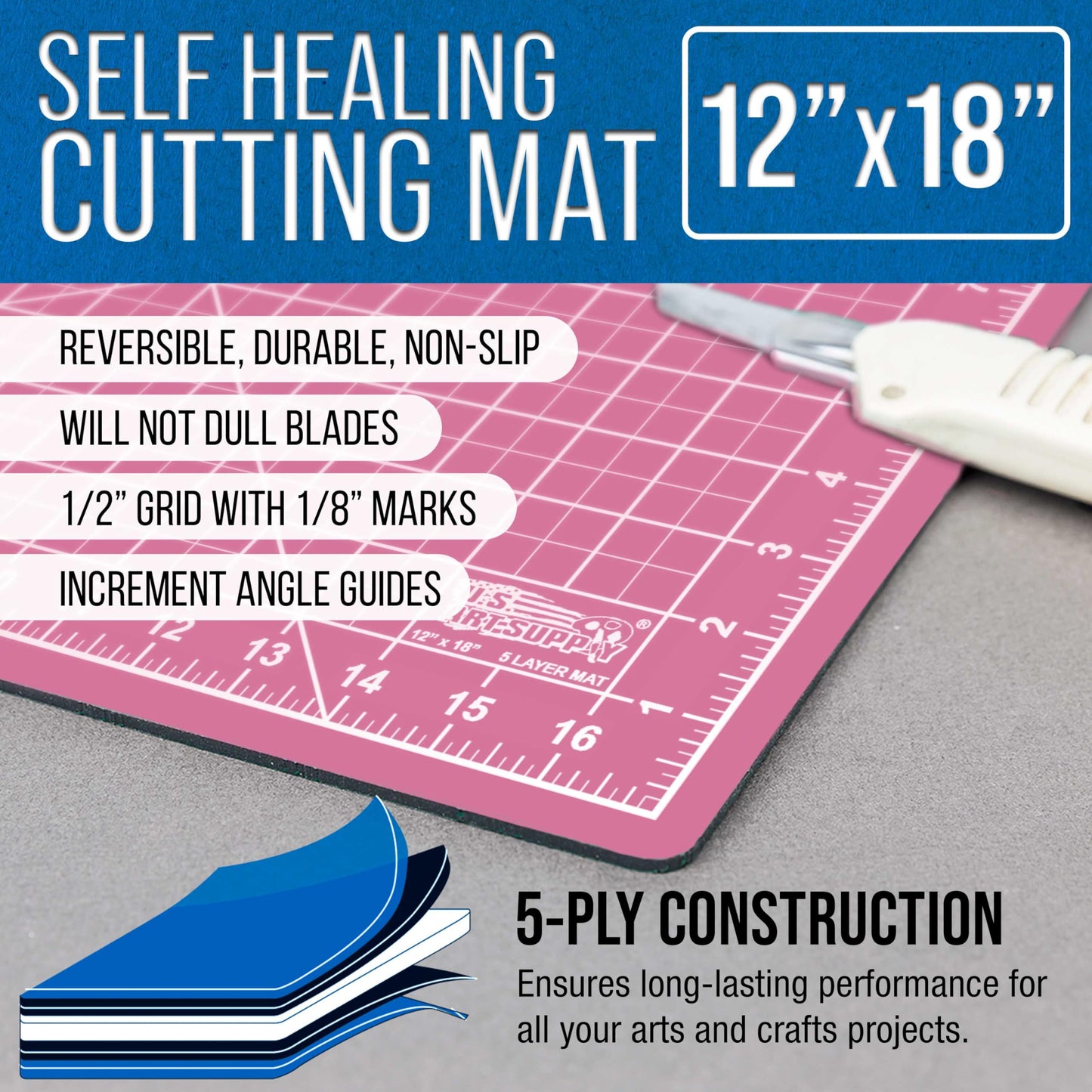U.S. Art Supply 12" x 18" Self-Healing Cutting Mat 5-Ply - Double-Sided Pink/Blue Craft Mat, Non-Slip Cutting Mats for Crafts, Sewing, Quilting, Scrapbooking