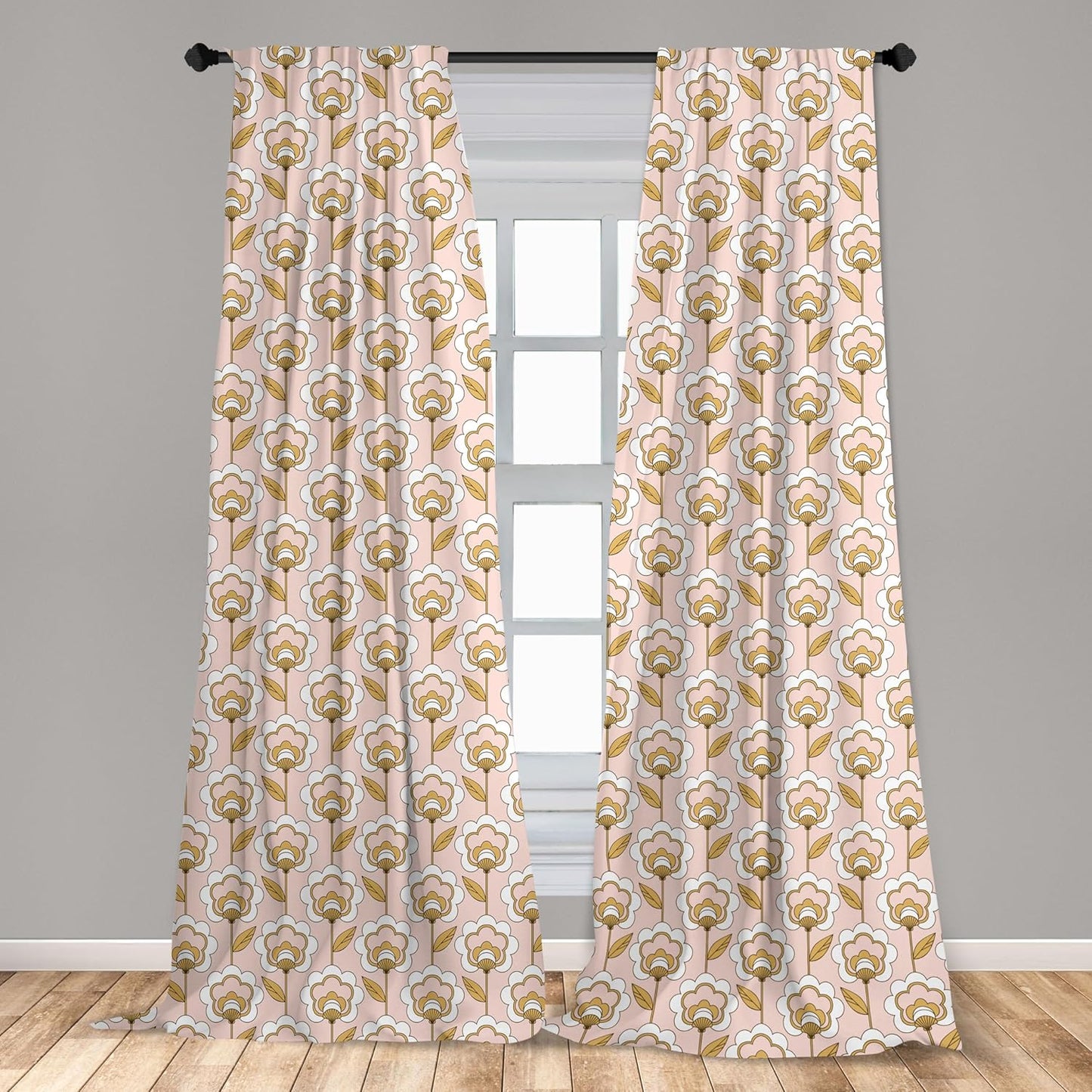 Lunarable Mid Century Curtains, 28" x 84" Retro Flower Ornaments Illustration, 2 Panel Set for Living Room Bedroom