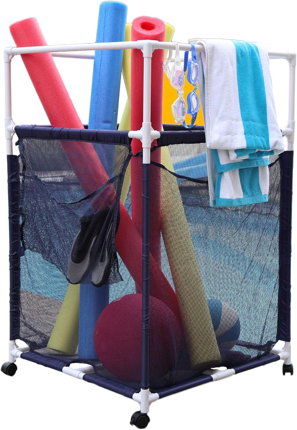 Essentially Yours Rolling Pool Noodle Storage Organizer Bin, Standard Noodle Holder (25.4" W x 26" L x 40.5" H),