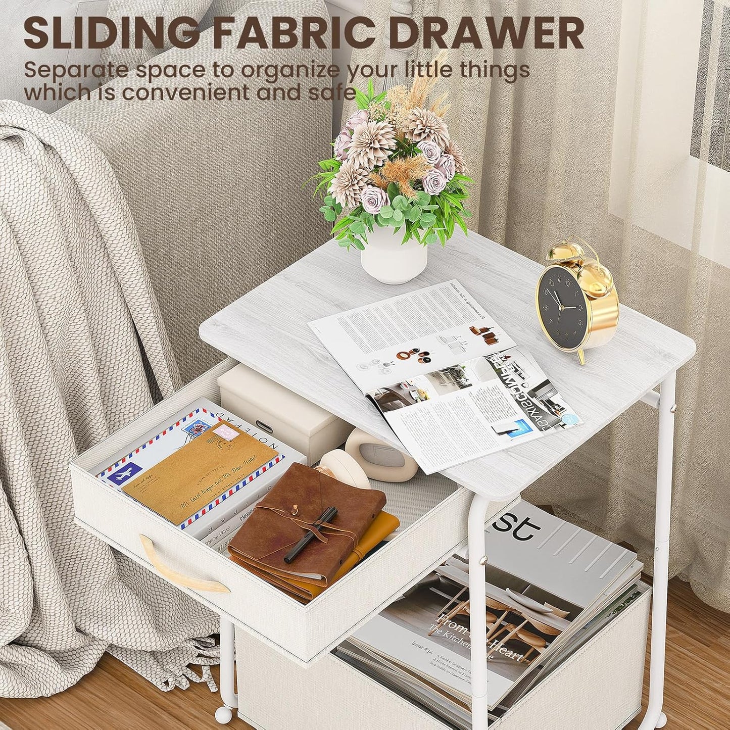 3-Tier Olldide Bedside Table with Storage, Modern Square Nightstand with Fabric Storage Basket & Drawers