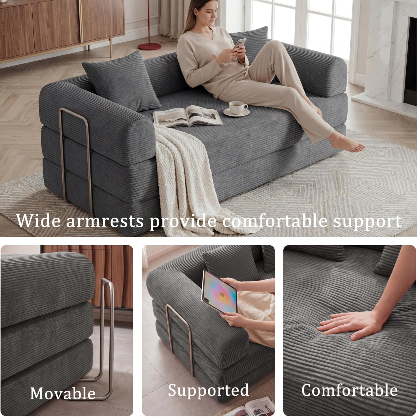 HouseMila 59" Boneless Couch,4-in-1 Futon Sofa Bed Modular Loveseat Sleeper Folding Compressed Couch with Pillows,No Assembly Required Convertible Sofa Bed for Living Room Bedroom Guest Room,Grey