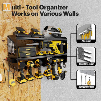Spampur Power Tool Organizer Wall Mount with Charging Station, 3 Layer Heavy Duty Metal Tool Storage Rack Loads 4200lbs with 6 Cordless Drill Holder, Tool Storage Rack with 4 Outlet Power Strip