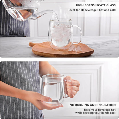 15.2oz,Clear Beverages,set 4 CNGLASS Large Double Wall Glass Coffee Mug Insulated Glass Espresso Cup with Big