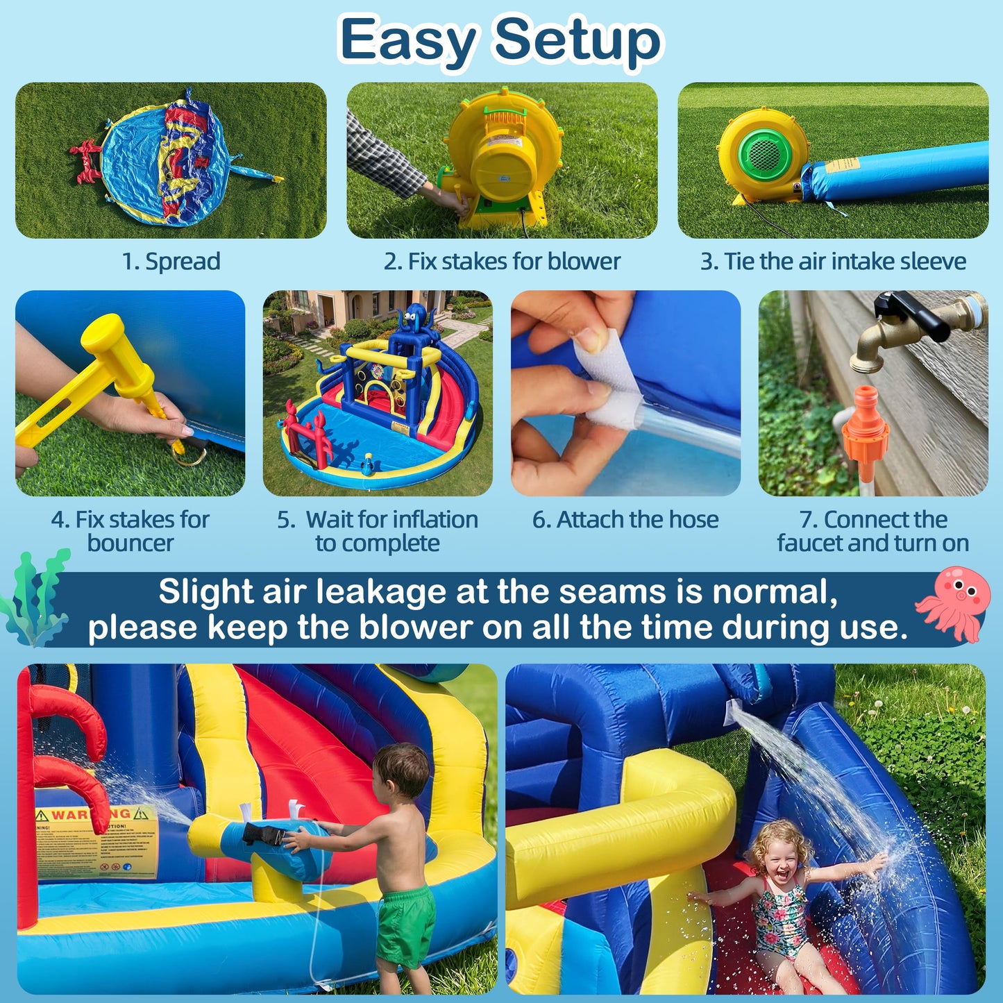 TOAOB Inflatable Water Slide for Kids 3-12: Blow Up Backyard Water Park with 550W Blower- 8 in 1 Octopus-Themed with 2 Slides for Outdoor Birthday Party