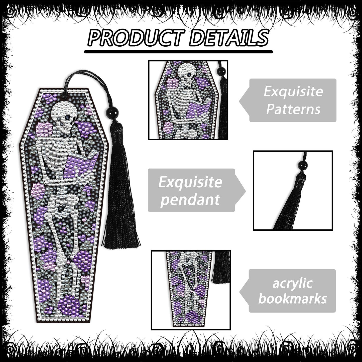 8 Pcs Gothic Skeleton Diamond Art Bookmarks Kit, Skull Halloween Diamond Painting Bookmarks with Tassels for Adults, DIY Horror Book Mark Craft Set for Women Men Reading Lovers