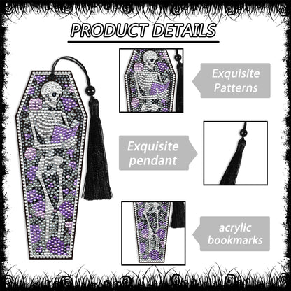 8 Pcs Gothic Skeleton Diamond Art Bookmarks Kit, Skull Halloween Diamond Painting Bookmarks with Tassels for Adults, DIY Horror Book Mark Craft Set for Women Men Reading Lovers