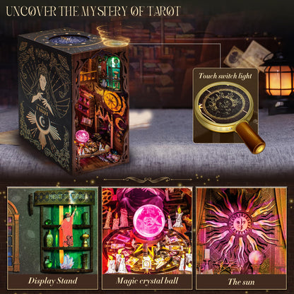 DIY Book Nook Kit, 3D Wooden Puzzle Booknook, Bookshelf Miniature House Kit Dollhouse, Tarot Divination Test, with LED Light, Dust Cover, Gift for Adults Teens (Mysterious Tarot)