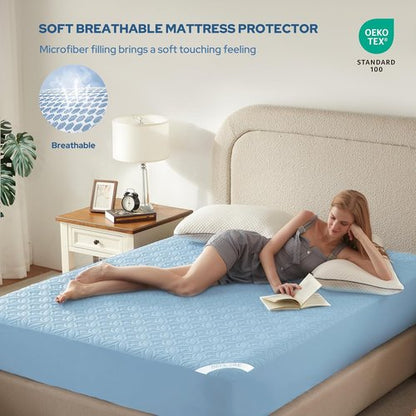 BEDLORE Waterproof Mattress Protector - Twin XL Deep Pocket Pad for 6"-15" Depth | Soft Sky Blue Cover