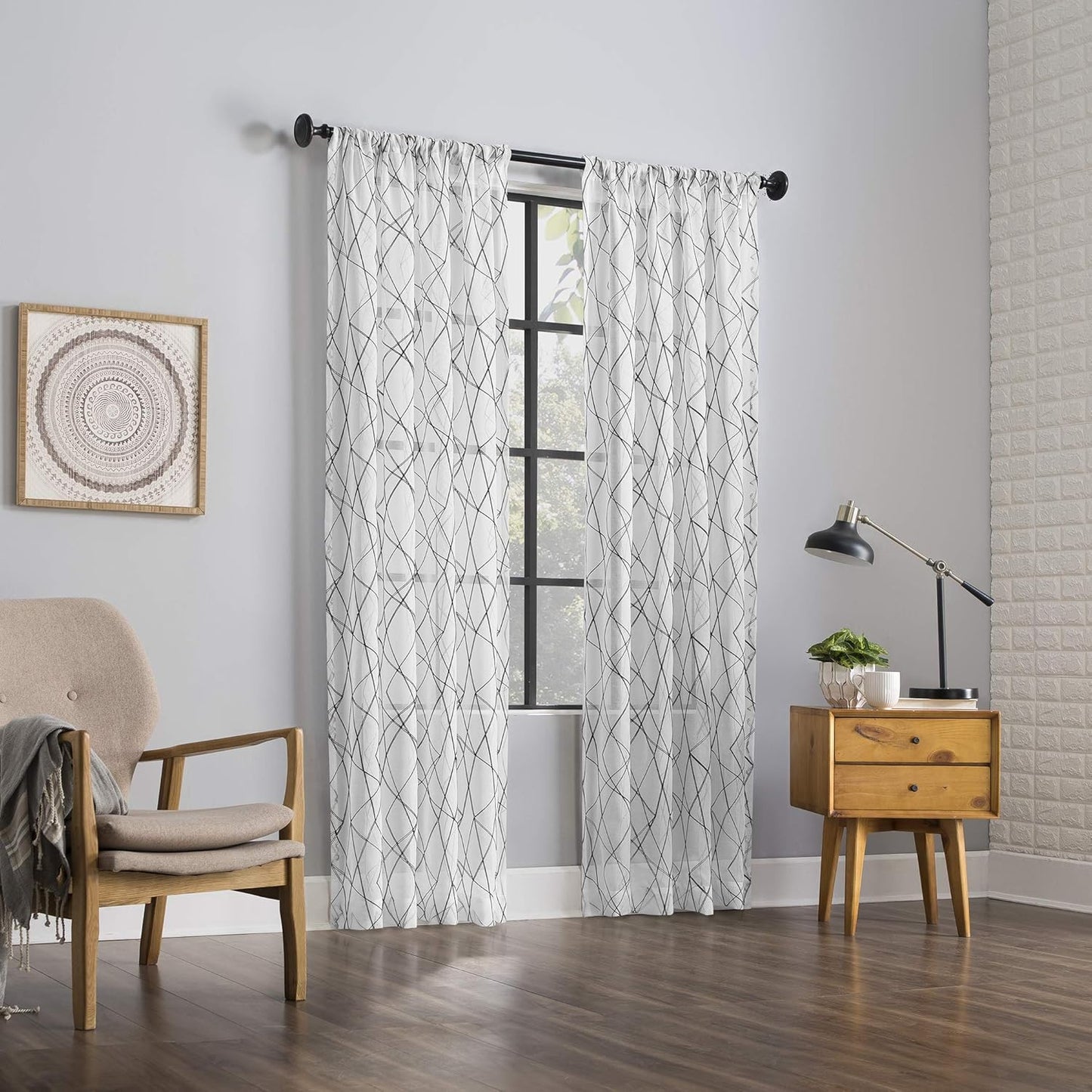 No. 918 Fraction 2-pack Mid-Century Modern Geometric Embroidery Semi-Sheer Curtain Panel Pair, 50" x 84", Black