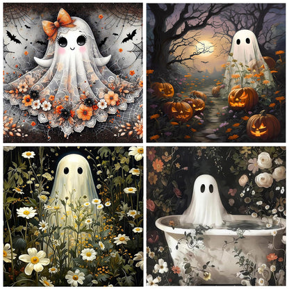 4 Pack Halloween Diamond Art Kits for Adults Beginner, Ghost DIY Modern Diamond Painting Kits 5D Diamond Dots Gem Art Crafts with Tools,Round Full Drill Funny Crafts for Women's hobbies-12x16inch
