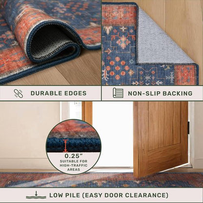 Hazo Haus Washable 2x4 Entry Rug - Non-Slip Rubber Backed Indoor Mat for Kitchen & Bathroom | Navy Blue Boho Décor