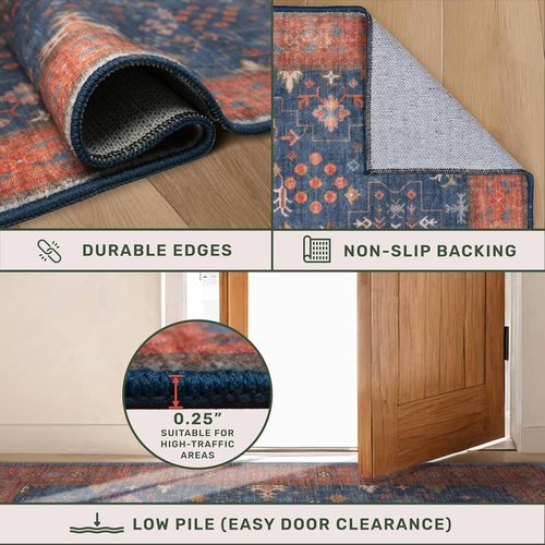 Large Area Rug by Navy Blue | Geometric Floral Design - Washable Low Pile Soft Carpet for Living Room & Dining Room