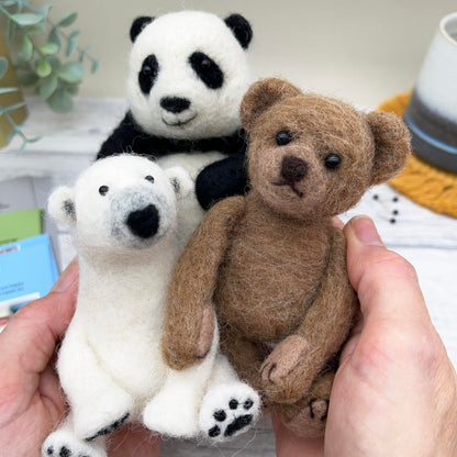 Bergin & Bath Needle Felting Bumper Kit - Three Bears. A Premium Starter kit. Make a Polar Bear, a Panda and a Teddy Bear. Planet-Friendly Wool.