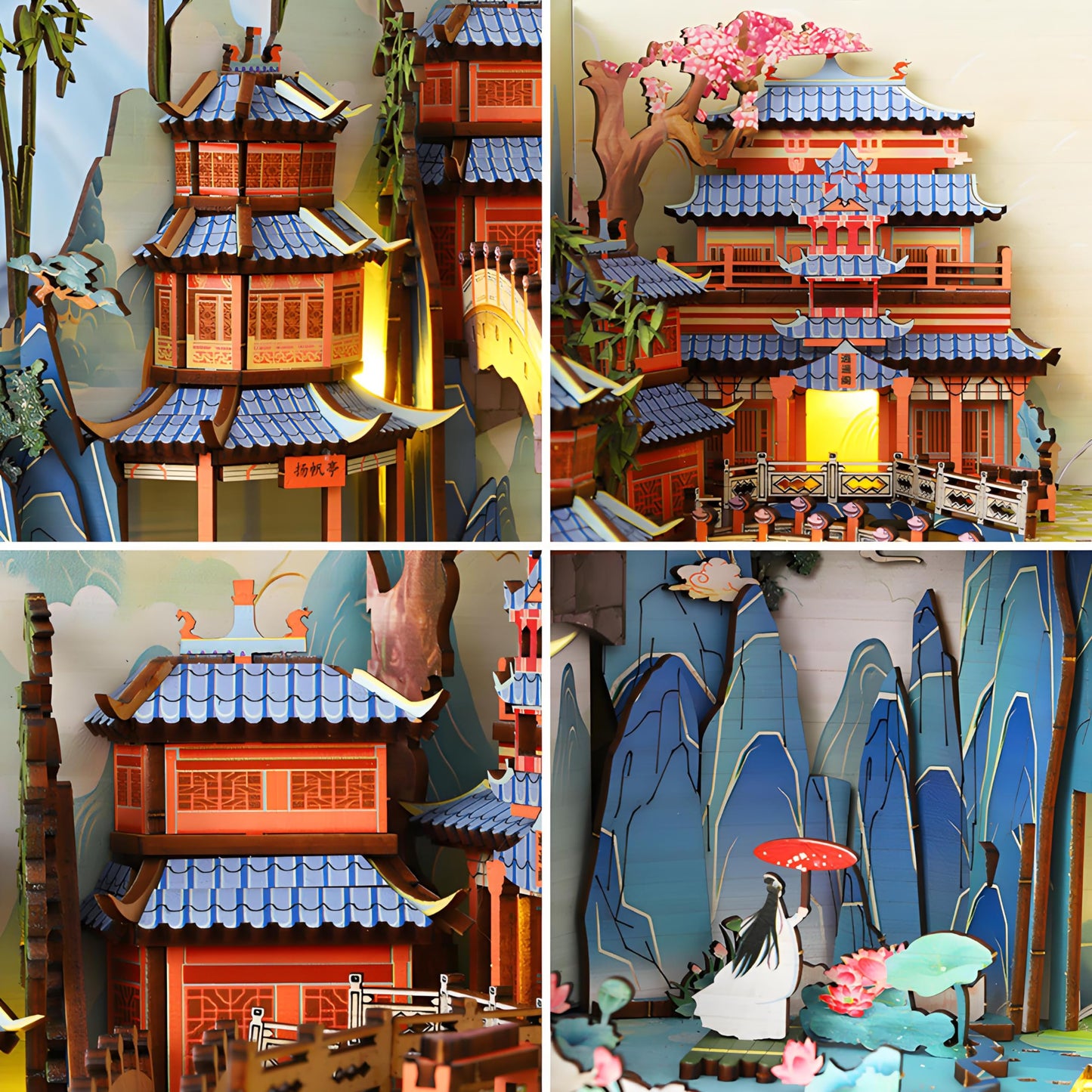 Ahilmrn Book Nook Kit for Adults, DIY Dollhouse Booknooks Penglai Wonderland Landscape Decor Chinese Landscapes Bookshelf Insert with Dust Cover LED 3D Wooden Puzzle Assembly Model Creative Gift