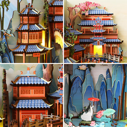 Ahilmrn Book Nook Kit for Adults, DIY Dollhouse Booknooks Penglai Wonderland Landscape Decor Chinese Landscapes Bookshelf Insert with Dust Cover LED 3D Wooden Puzzle Assembly Model Creative Gift