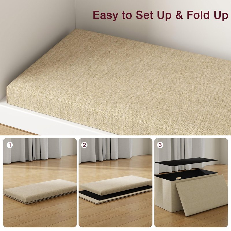 VECELO 30'' Folding Storage Ottoman Bench, End of Bed Linen Fabric Foot Rest Stool with Padded Seat, Large Footstools for Bedroom, Living Room, Load 500 lb, Khaki