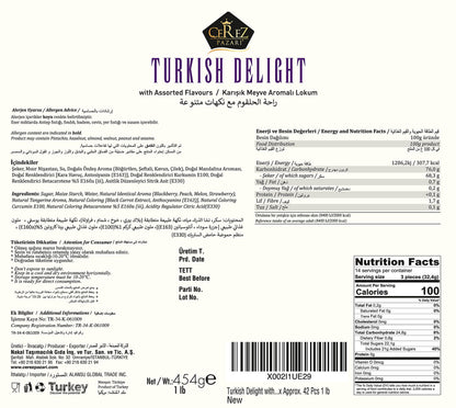 Cerez Pazari Turkish Delight Candy With Assorted Flavors, Gourmet Medium Size Snacks Gift Box, Sweet Luxury Traditional Confectionery Loukoumi, Vegan Lokum, Approx. No Nuts, 42 Pcs, 16 oz.