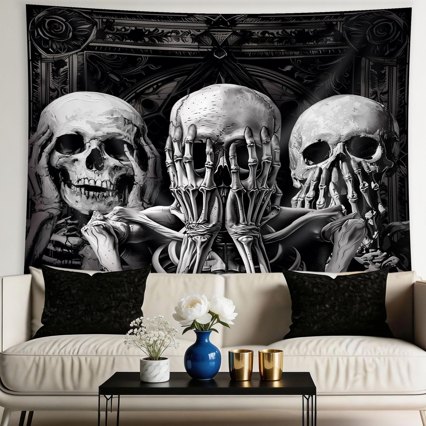 Mitpok Gothic Skull Tapestry Spooky Black Skeleton Goth Vinatge Witchy Funny Hilarious Cool Unique Wall Decor 59Hx78W Inch Halloween Wall Art Hanging Bedroom Living Room Dorm Wall Home Decor