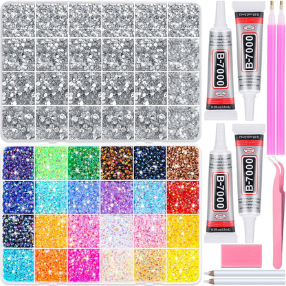 40000Pcs Resin Rhinestones with B7000 Jewelry Glue for Bedazzling Crafting, Rainbow Crystals Flat Back Gems with Craft Adhesive for DIY Graduation Cap Clothes Tumblers Shoes Nails and Face
