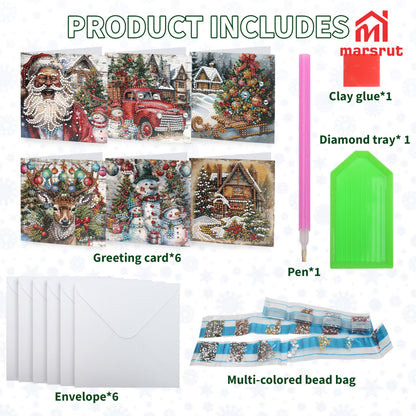 6pcs Diamond Painting Christmas Cards, Art Greeting Envelopes Kit, 5D DIY Rhinestone Painting Postcards with Snowman & Santa Claus, Arts Crafts Thank You Card Set for Birthday, Xmas Holiday Gifts