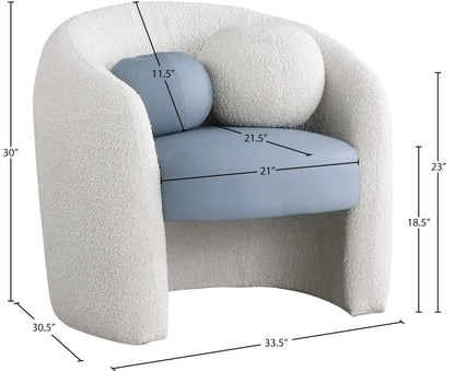 Meridian Furniture 546Blue Acadia Collection Modern | Contemporary Accent Chair with Rich Cream Boucle Fabric, Soft Blue Vegan Leather Seat, Rounded Back, 33.5" W x 30.5" D x 30" H, Blue