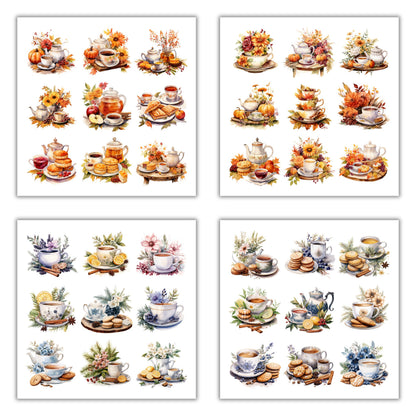 XERE 144 Pcs Tea Sets Four Seasons Sticker Book for Journaling Notebooks, Sketchbook, Bookmark Making, Junk Journal, Budget Planner, Scrapbook Art Supplies Stickers