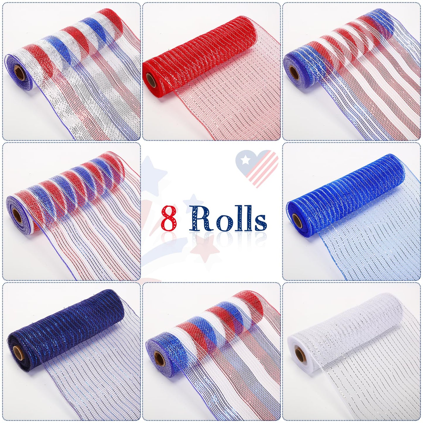 Newwiee 8 Rolls Patriotic Mesh Ribbon for Wreaths 10 Inch x 30 Feet Each Roll Veteran Decor Red White Blue Mesh Ribbon Metallic Foil 4th of July Decoration DIY Crafts Making Supplies