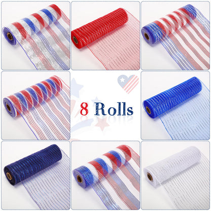 Newwiee 8 Rolls Patriotic Mesh Ribbon for Wreaths 10 Inch x 30 Feet Each Roll Veteran Decor Red White Blue Mesh Ribbon Metallic Foil 4th of July Decoration DIY Crafts Making Supplies