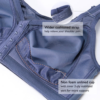 DotVol Women's Full Figure Front Closure Wirefree Jacquard Back Support Posture Bra(Grey Blue,36D)