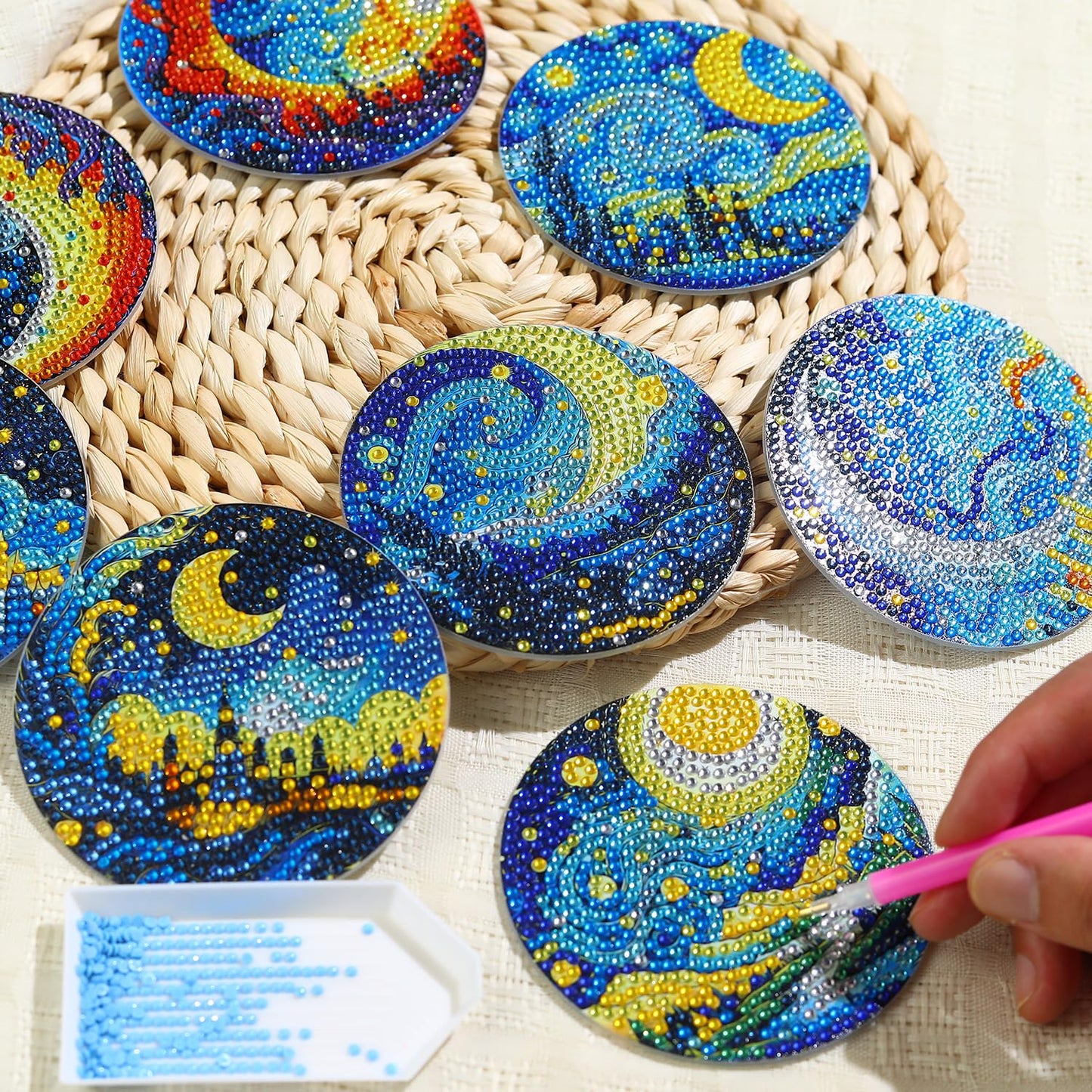 8 PCS Moon Diamond Art Coasters Kits, Diamond Painting Coasters with Holder Set of 8, DIY Drink Coasters Art Crafts Supplies for Adults Cup Mat for Home Decor House Warming Gifts Non-Slip 3.9inch