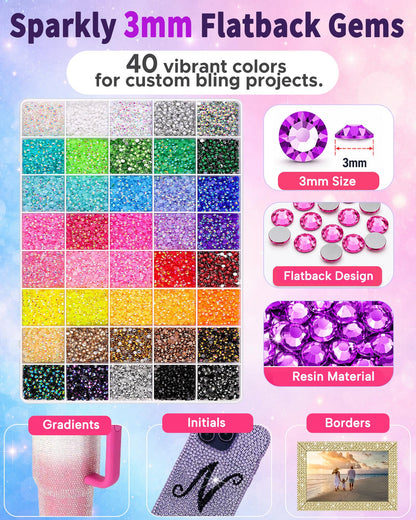 Lacuewa 40 Colors Rhinestone Kit for Bedazzling, 40000 Pcs 3mm Flatback Resin Jelly Rhinestones, All-in-One Bedazzling Kit with 3 Pcs B7000 Glue and Tools for Tumblers, Phone Cases, DIY Crafts