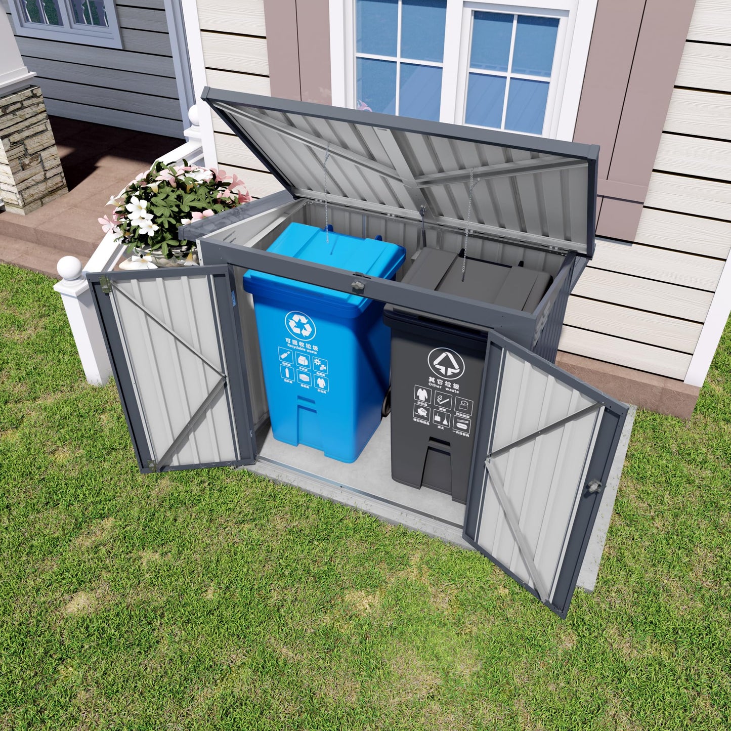 Outdoor Storage Shed with Dual Doors & Removable Top Lid, Metal Garden Tool Shed, Weather Resistant Waterproof Trash Can Bike Storage Organizer with Ventilation Sloped Roof Yard Utility Box