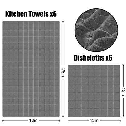 Homaxy Microfiber Kitchen Towels and Dishcloths Set, 12 Pack Soft and Absorbent Dish Hand Towels Bulk, 28 x 16 Inch & 12 x 12 Inch Quick Drying Rags for Washing Dishes, Grey